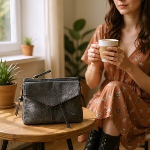 Womens crossbody/shoulder tote with detachable adjustable strap. Gray marbled.